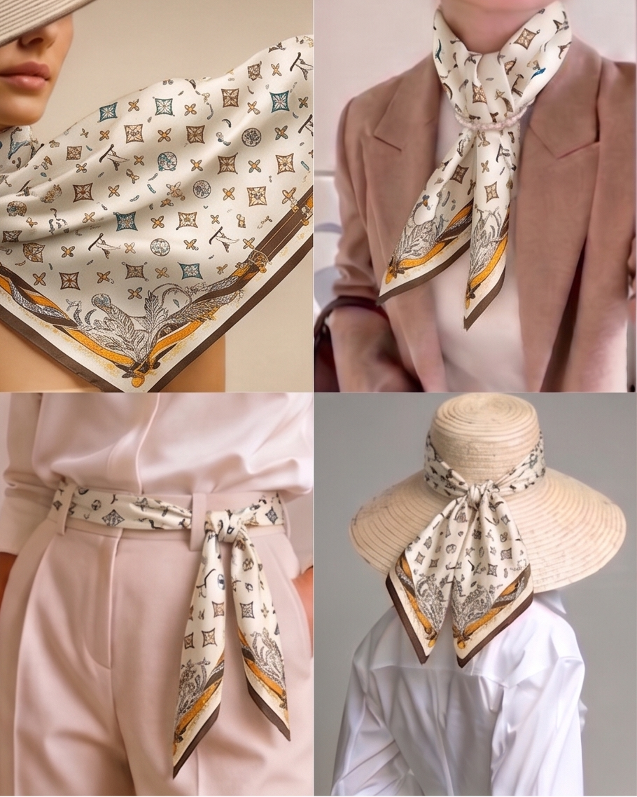 Four-Leaf Feather & Medallion Silk Scarf- 68x68