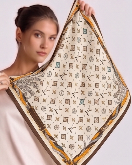 Four-Leaf Feather & Medallion Silk Scarf- 68x68