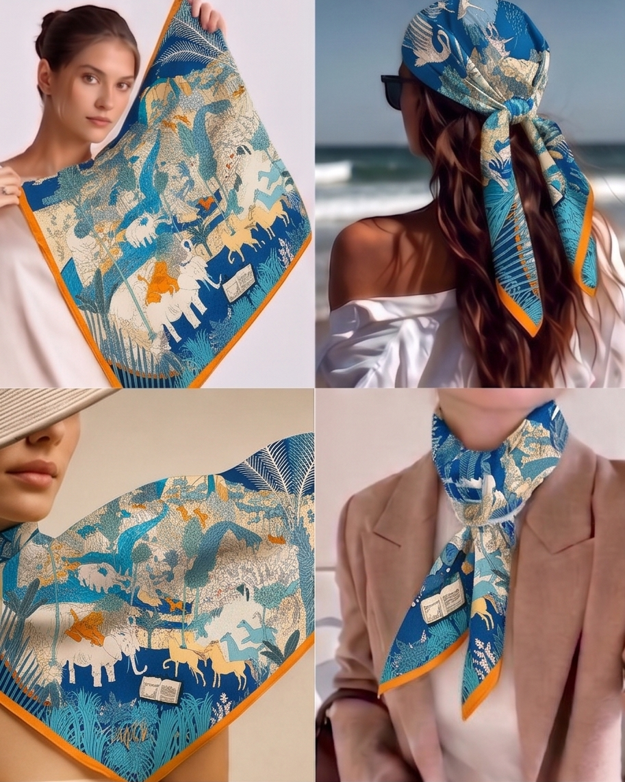 Blue Jungle Azure Menagerie Silk Scarf- 68x68