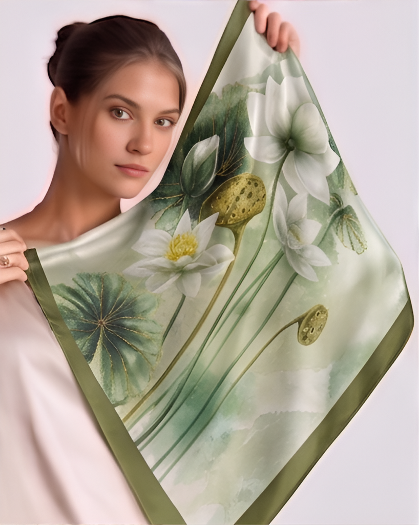 Sage Lotus Pond Silk Scarf- 68x68