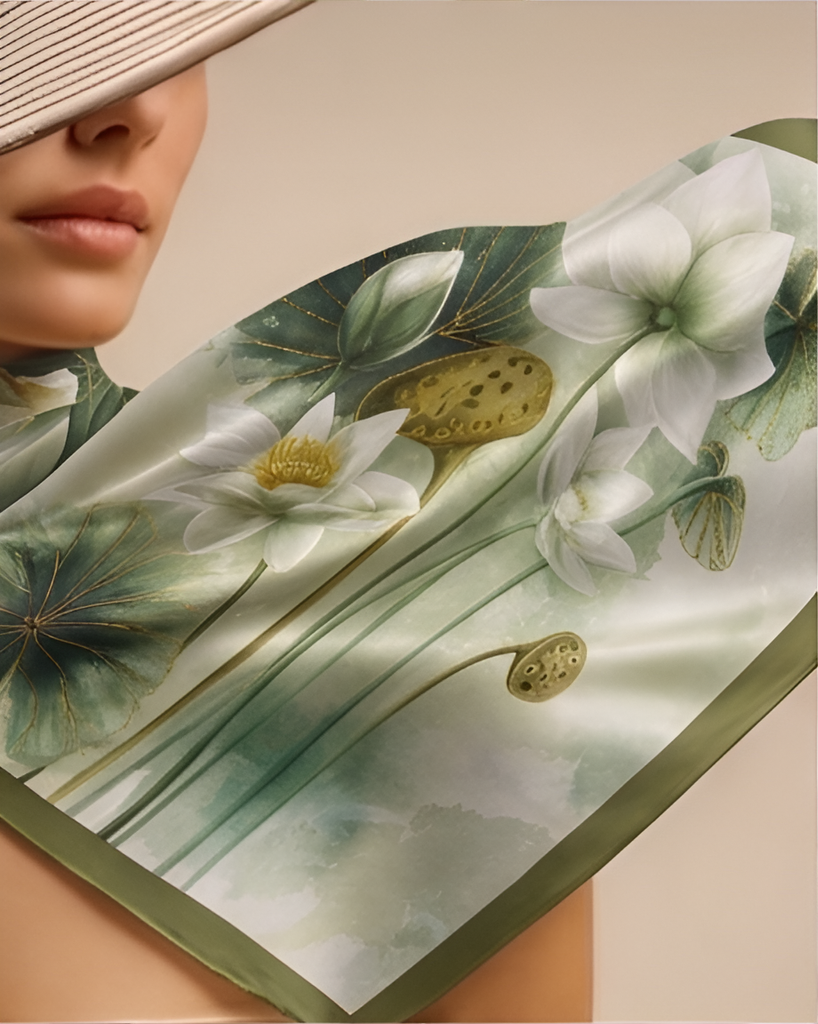 Sage Lotus Pond Silk Scarf- 68x68