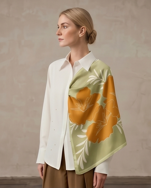 Amber Leaf silk scarf draped full body