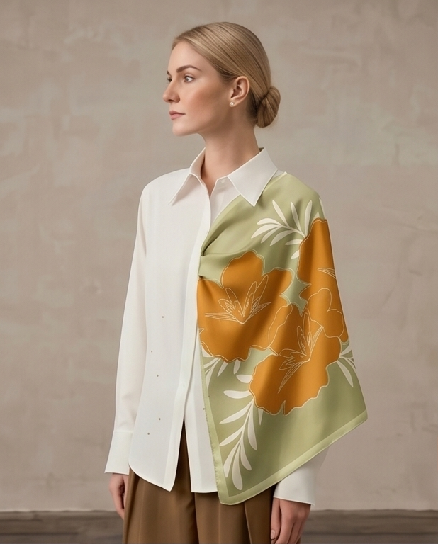 Amber Leaf silk scarf draped full body