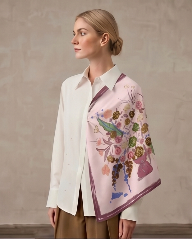 Artisan Floral Bouquet silk scarf draped full body