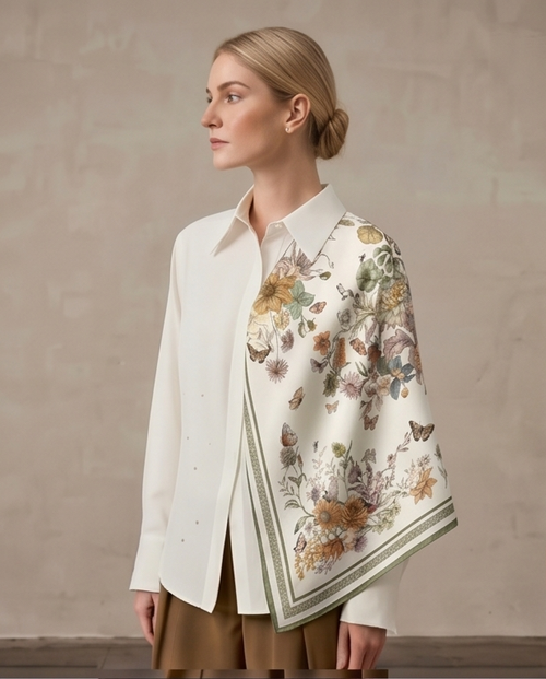 Autumn Botanical Garden silk scarf draped full body