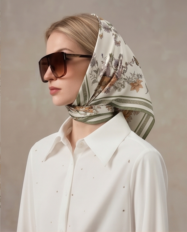 Model wearing scarf as head wrap with sunglasses