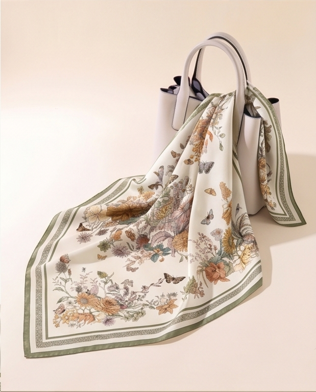 Scarf tied to handbag as accessory