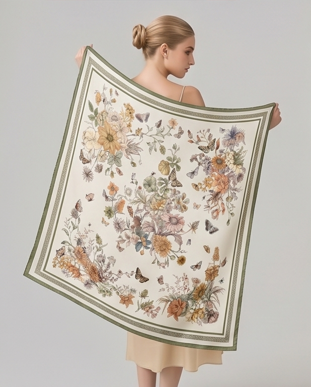 Scarf held flat to show full print