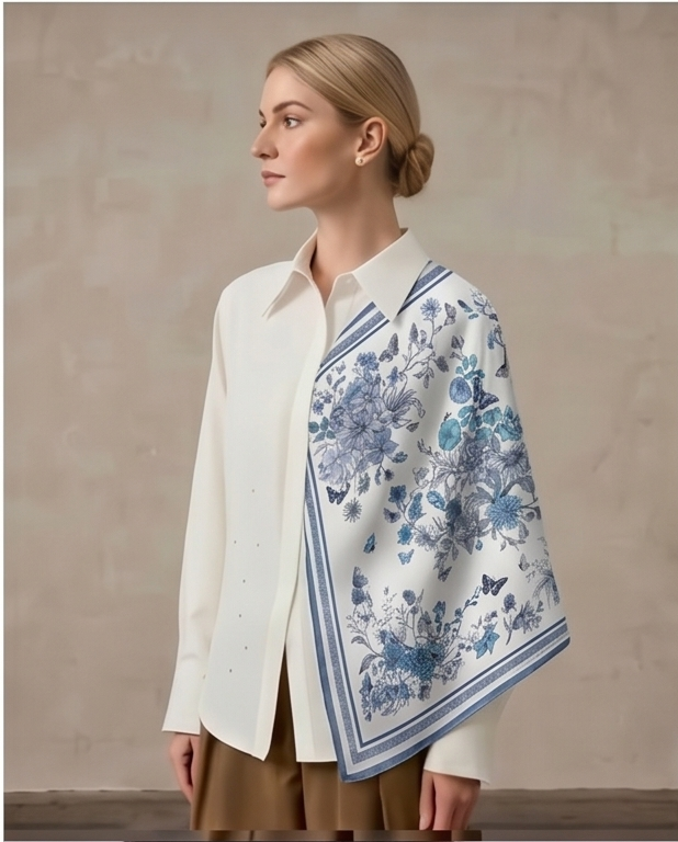Blue Butterfly Toile silk scarf draped full body