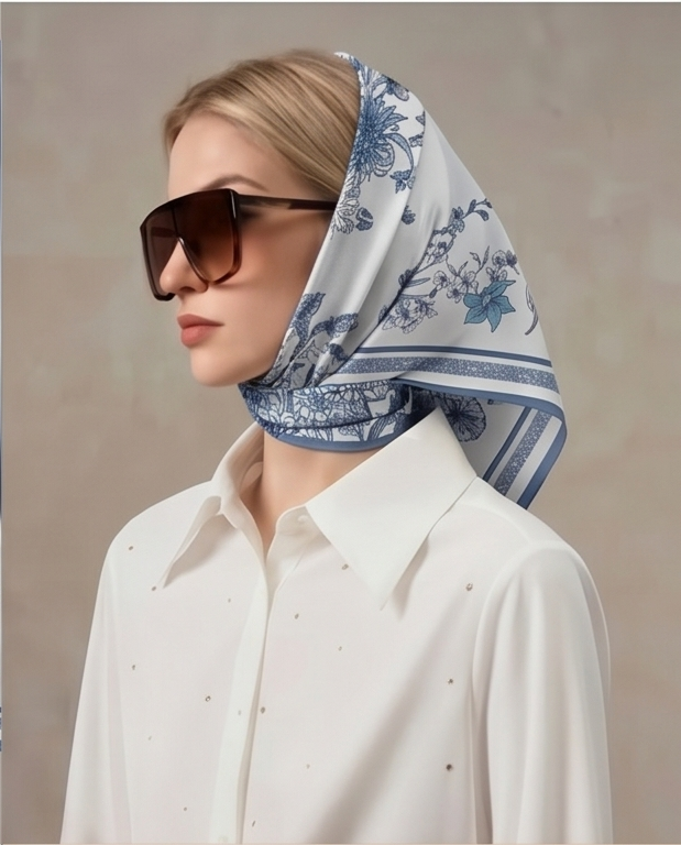 Model wearing scarf as head wrap with sunglasses
