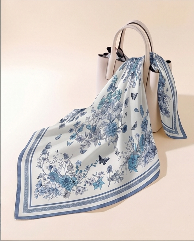 Scarf tied to handbag