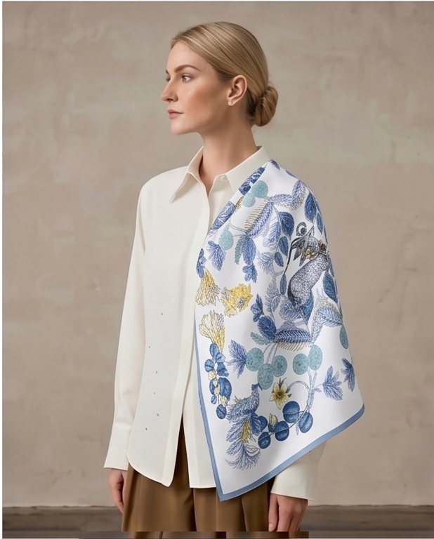 Blue Floral Medallion silk scarf draped full body