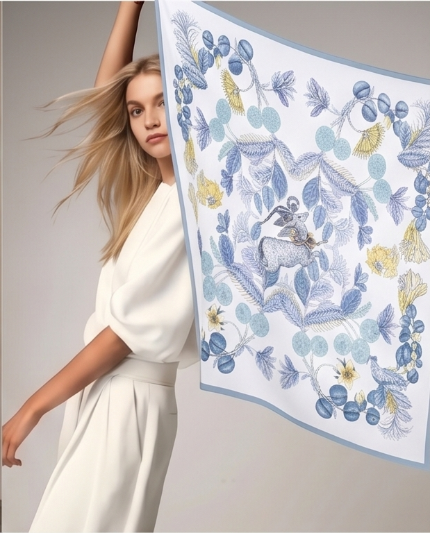 Blue Floral Medallion silk scarf aerial flat display