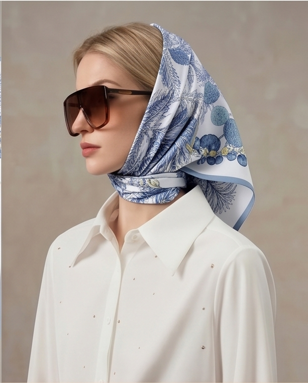 Blue Floral Medallion silk scarf styled as head wrap with sunglasses
