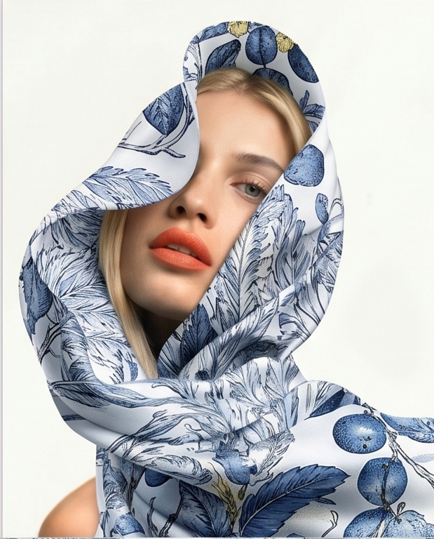 Blue Floral Medallion silk scarf close up head wrap detail