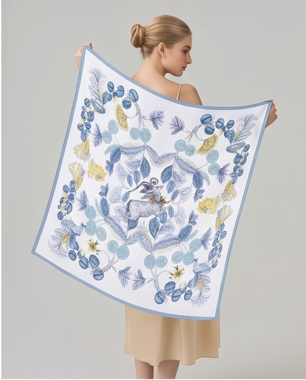 Blue Floral Medallion silk scarf held flat to display pattern