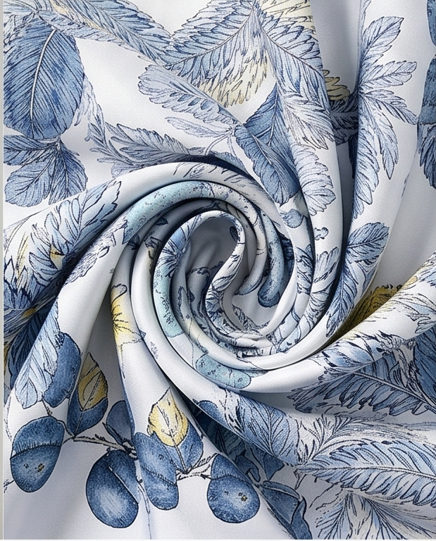 Blue Floral Medallion silk scarf fabric close up
