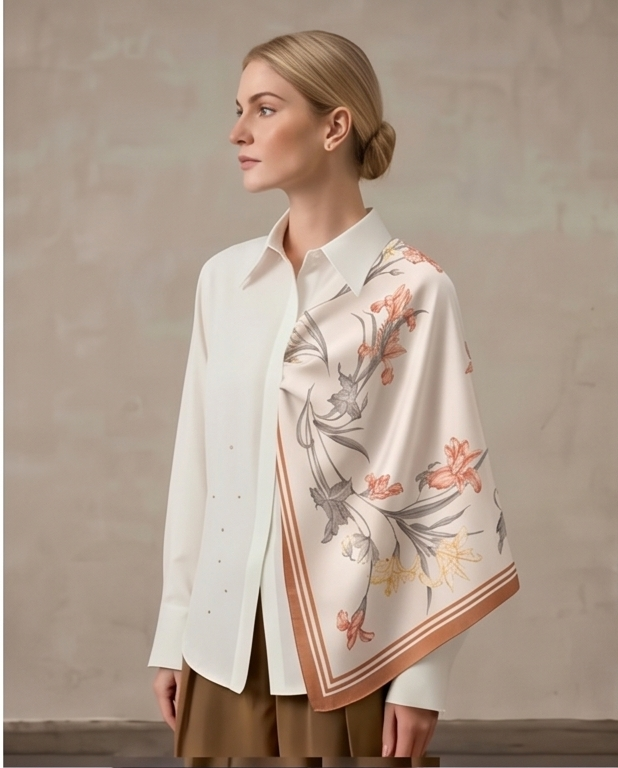 Coral Botanical Branch silk scarf draped full body