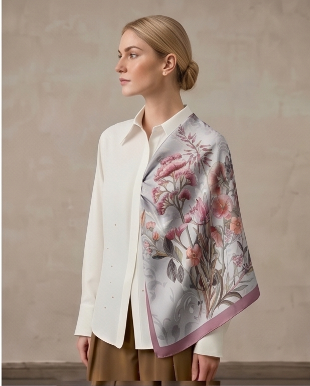 Grey Rose Garden silk scarf draped full body