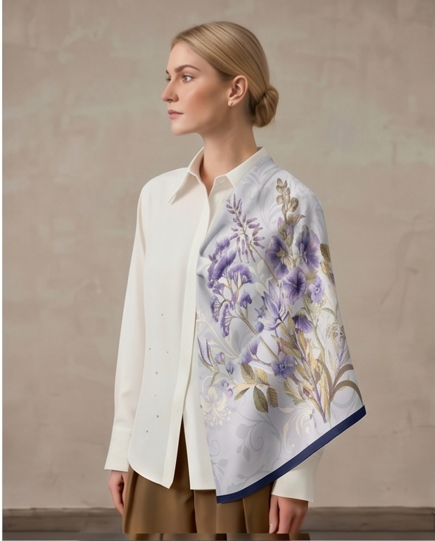 Lavender Iris silk scarf draped full body