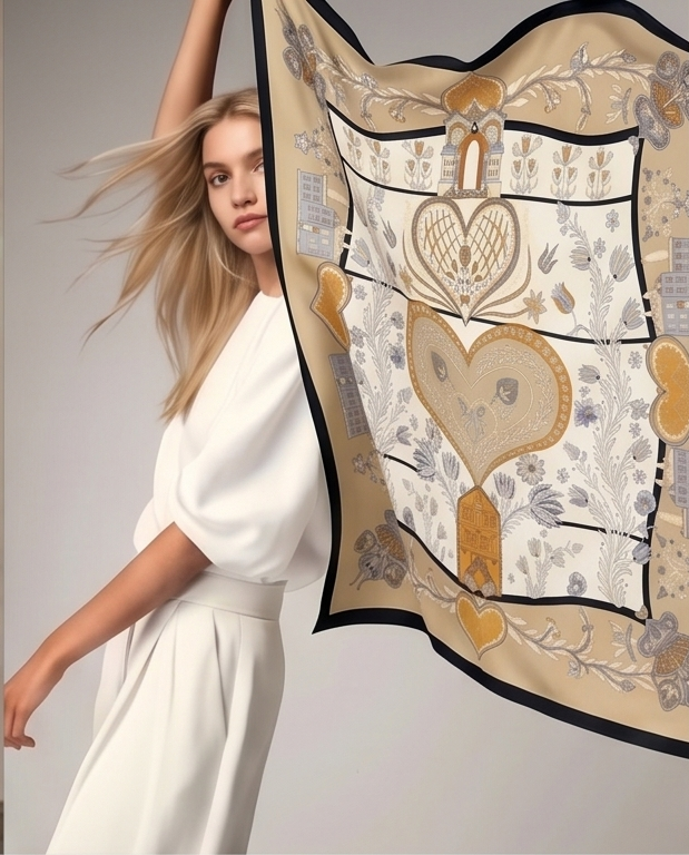 Ornate Heritage scarf aerial flat lay