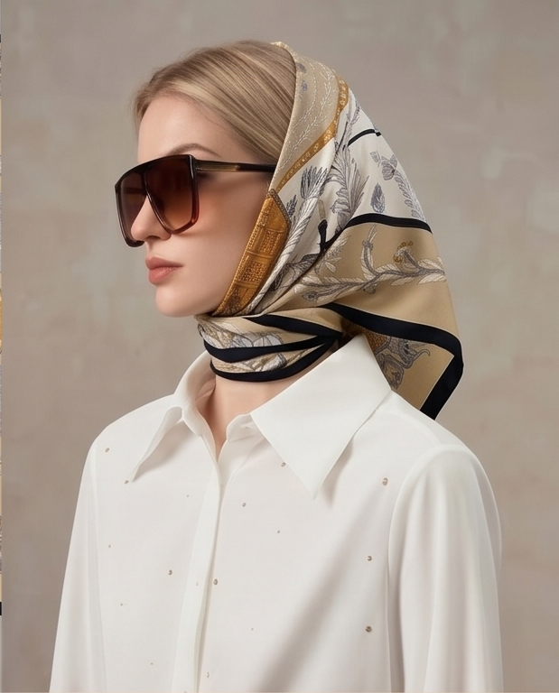 Model wearing scarf as head wrap with sunglasses