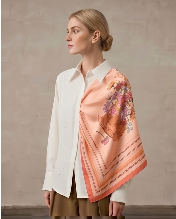 Peach Floral Stripe silk scarf draped full body