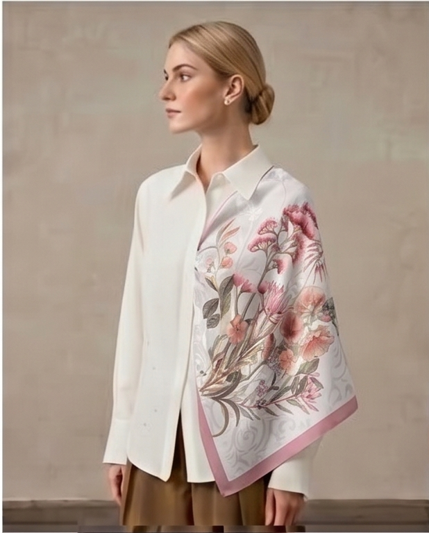 Pink Wildflower silk scarf draped full body