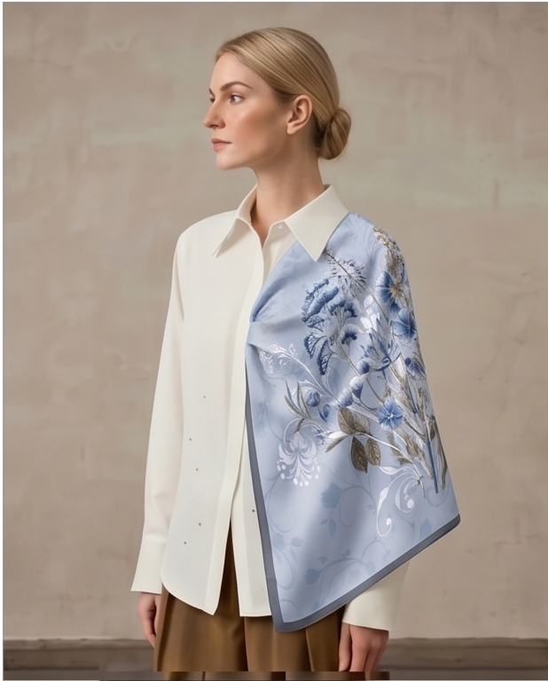 Powder Blue Floral Embroidery silk scarf draped full body
