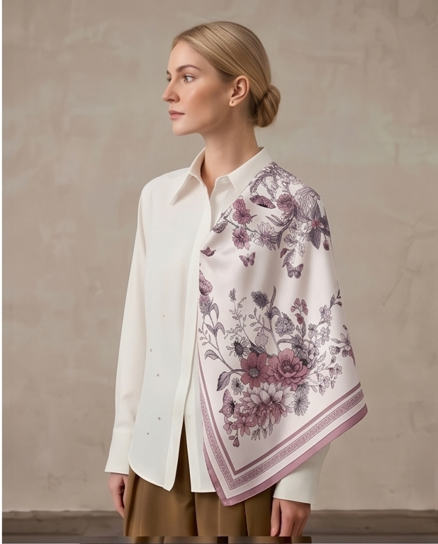 Rose Butterfly Garden silk scarf draped full body