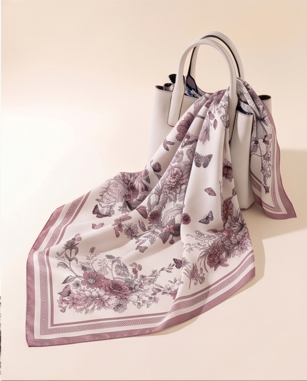 Scarf tied to handbag as accessory