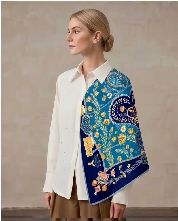 Royal Blue Folk Heart silk scarf draped full body