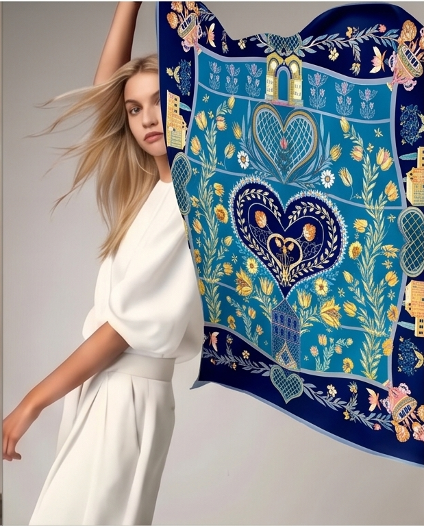 Royal Blue Folk Heart silk scarf aerial flat display