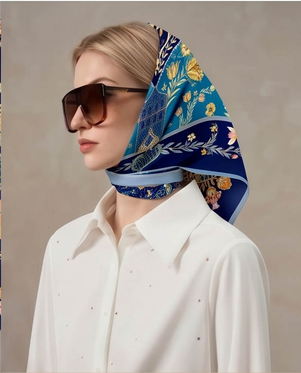 Royal Blue Folk Heart silk scarf styled as head wrap with sunglasses