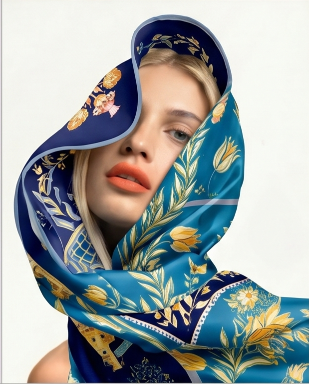 Royal Blue Folk Heart silk scarf close up head wrap detail