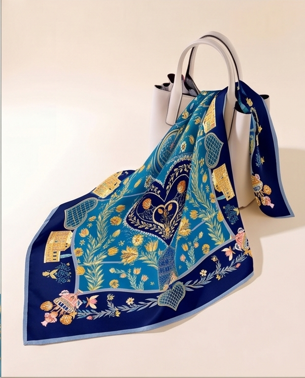 Royal Blue Folk Heart silk scarf tied to a handbag