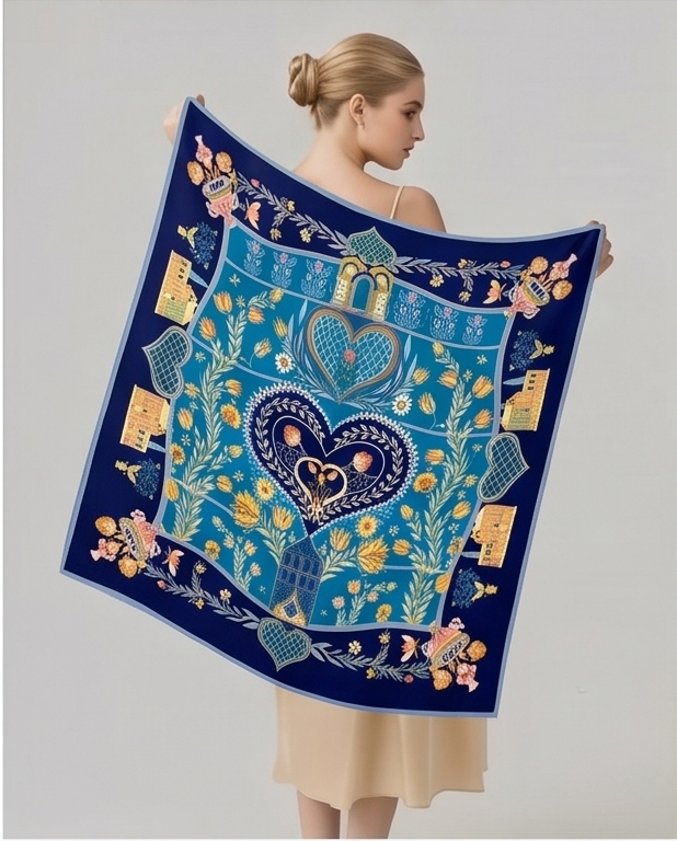 Royal Blue Folk Heart silk scarf held flat to display pattern