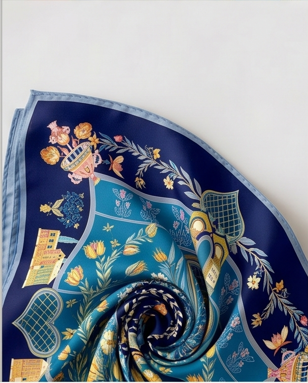 Royal Blue Folk Heart silk scarf fabric close up