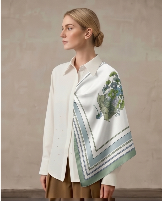 Sage Botanical Bouquet silk scarf draped full body