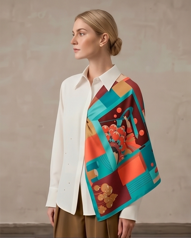 Teal Terracotta Patchwork silk scarf draped full body