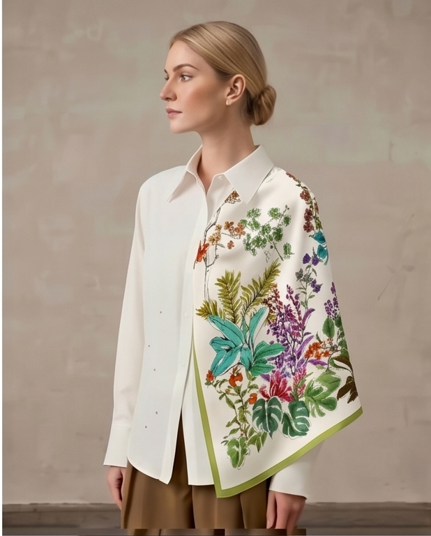 Wildflower Garden silk scarf draped full body