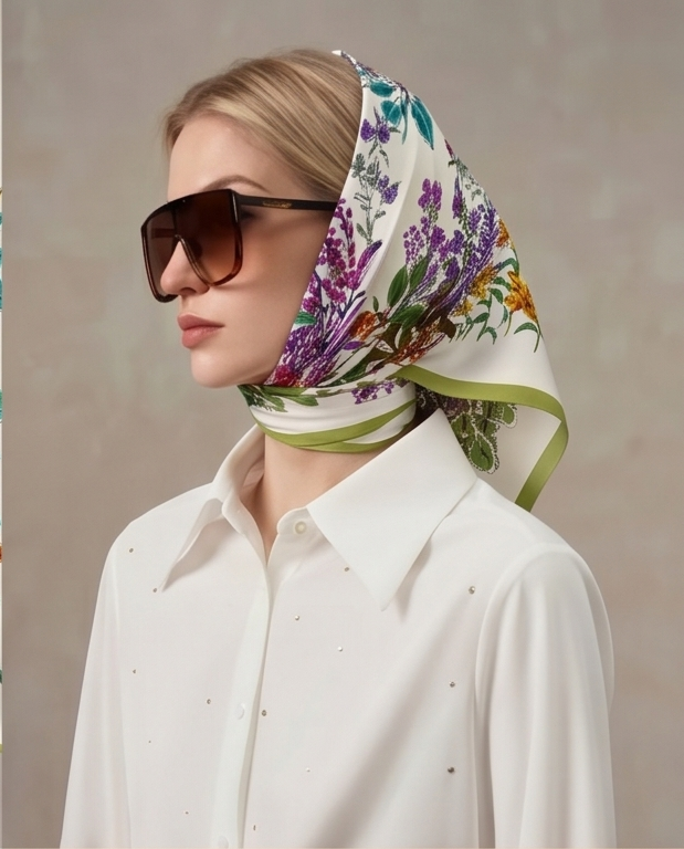 Model wearing scarf as head wrap with sunglasses