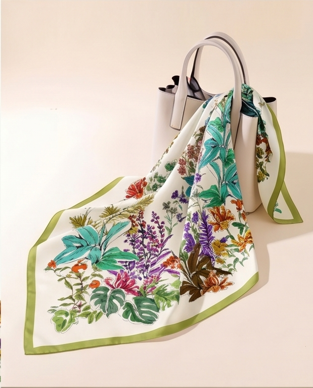 Scarf tied to handbag
